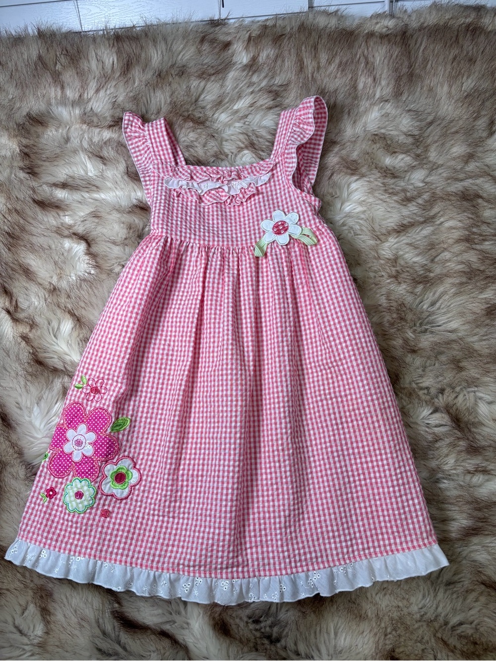 Pink Gingham Floral Appliqué Girls' Sundress